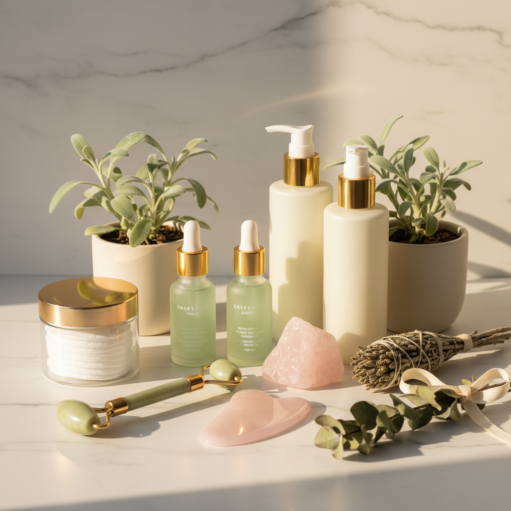 Clean minimal beauty shelfie with natural skincare products, jade roller and plants on marble