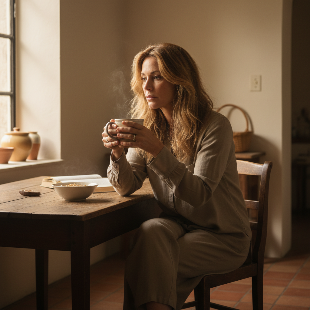 Woman holding a warm mug looking tired but contemplative in morning light