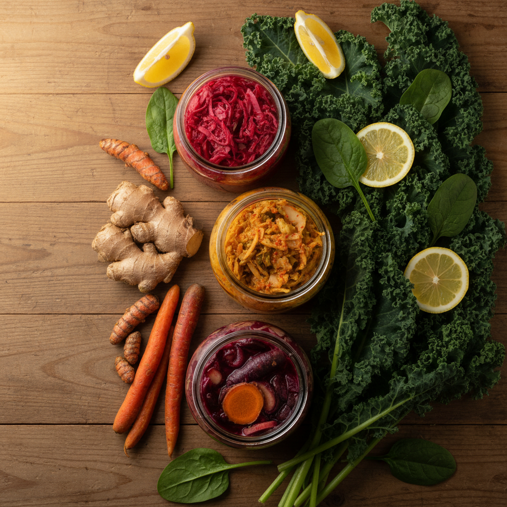 Flat lay of gut-healthy foods including fermented vegetables, ginger and turmeric on warm wood