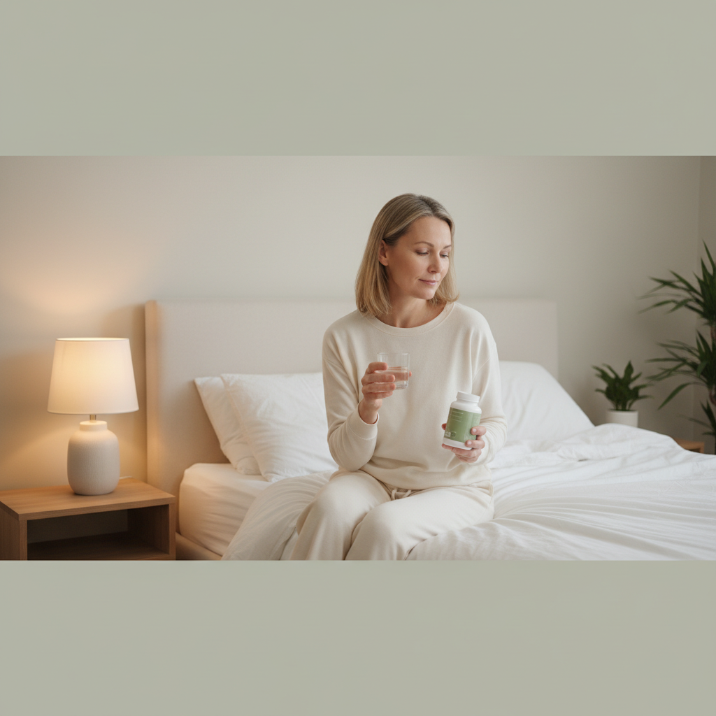 A woman in her late 40s sitting in soft warm lamp light on the edge of a bed, holding a glass of water and a supplement bottle, peaceful and calm