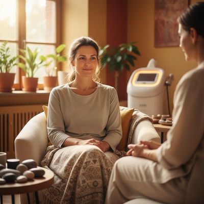 A woman in her 40s with a thoughtful expression in a peaceful healthcare setting