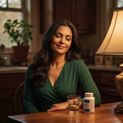 Woman sitting at a kitchen table at night with a supplement bottle and glass of water, calm expression