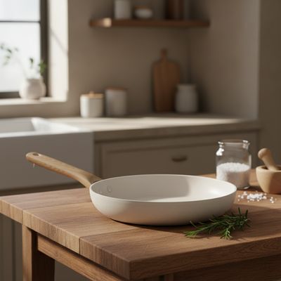 A minimalist kitchen counter with ceramic and stainless steel cookware under soft morning light.