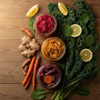 Flat lay of gut-healthy foods including fermented vegetables, ginger and turmeric on warm wood
