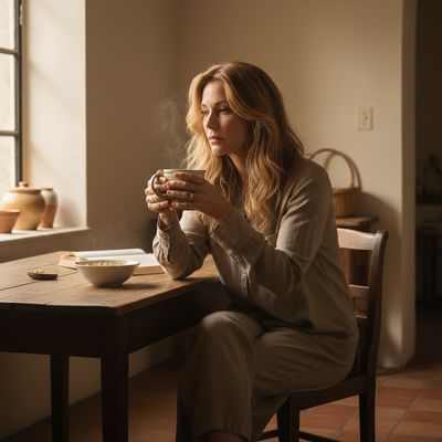 Woman holding a warm mug looking tired but contemplative in morning light