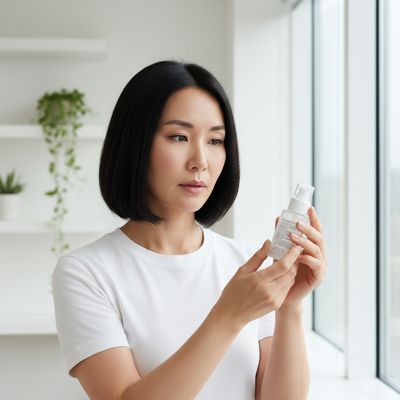 A woman carefully reading the ingredient label on a skincare product bottle in a bright, minimal interior.