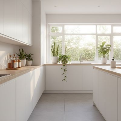 Clean bright kitchen with natural cleaning products in glass bottles and green plants