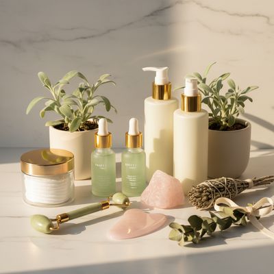 Clean minimal beauty shelfie with natural skincare products, jade roller and plants on marble