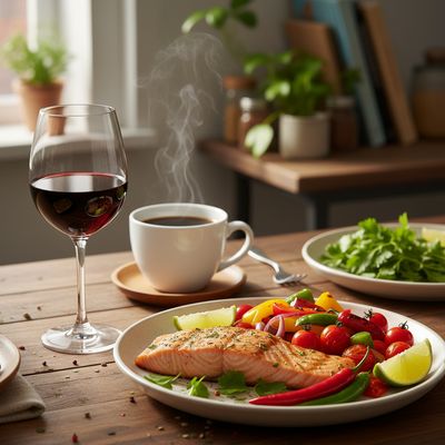 A woman in a sunlit kitchen looking at a glass of red wine and spicy peppers, contemplating dietary triggers for hot flashes.