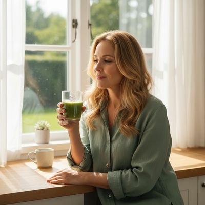 Woman with honey-blonde hair holding a green smoothie in morning kitchen light, energized expression