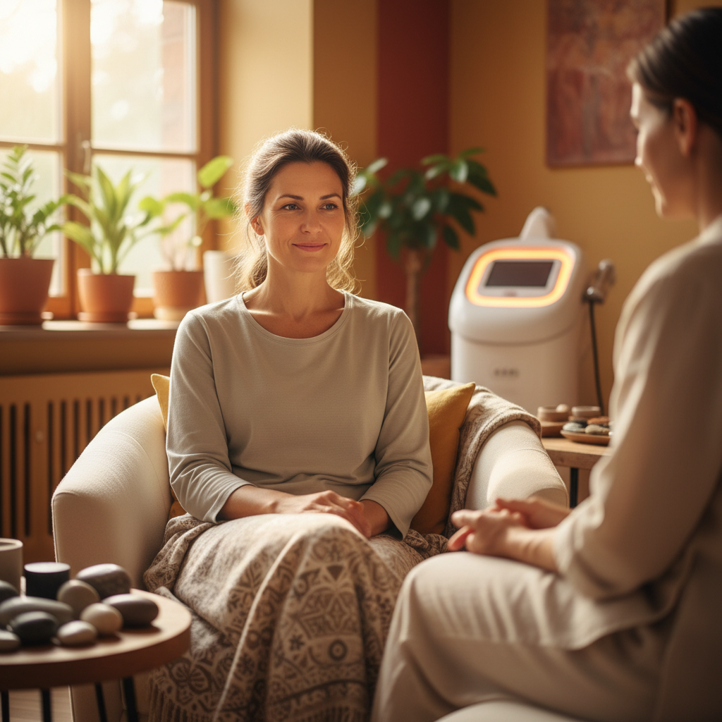 A woman in her 40s with a thoughtful expression in a peaceful healthcare setting